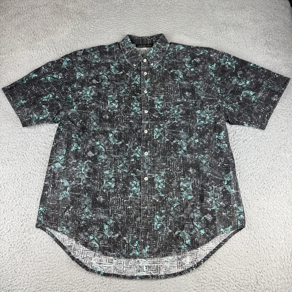 Vintage‎ 90s Quiksilver Men's Large Black Abstract Short Sleeve Button-Up Shirt